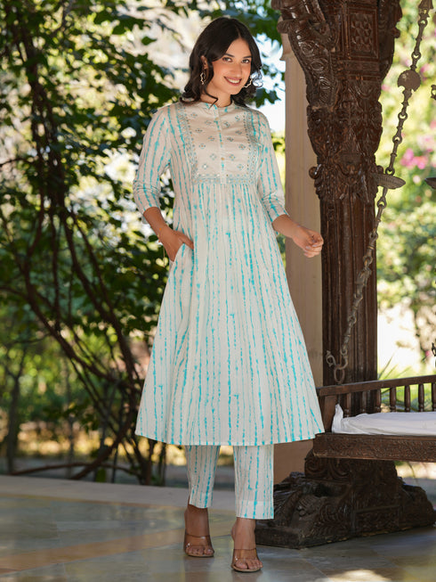 White Pure Cotton Tie & Dye Mirror Work A-line Kurta Pant Set
